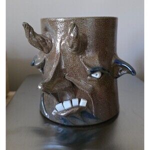 2008 Eldreth Pottery Lancaster Co. Face Mug Devil Satan Salt Glaze One of a Kind